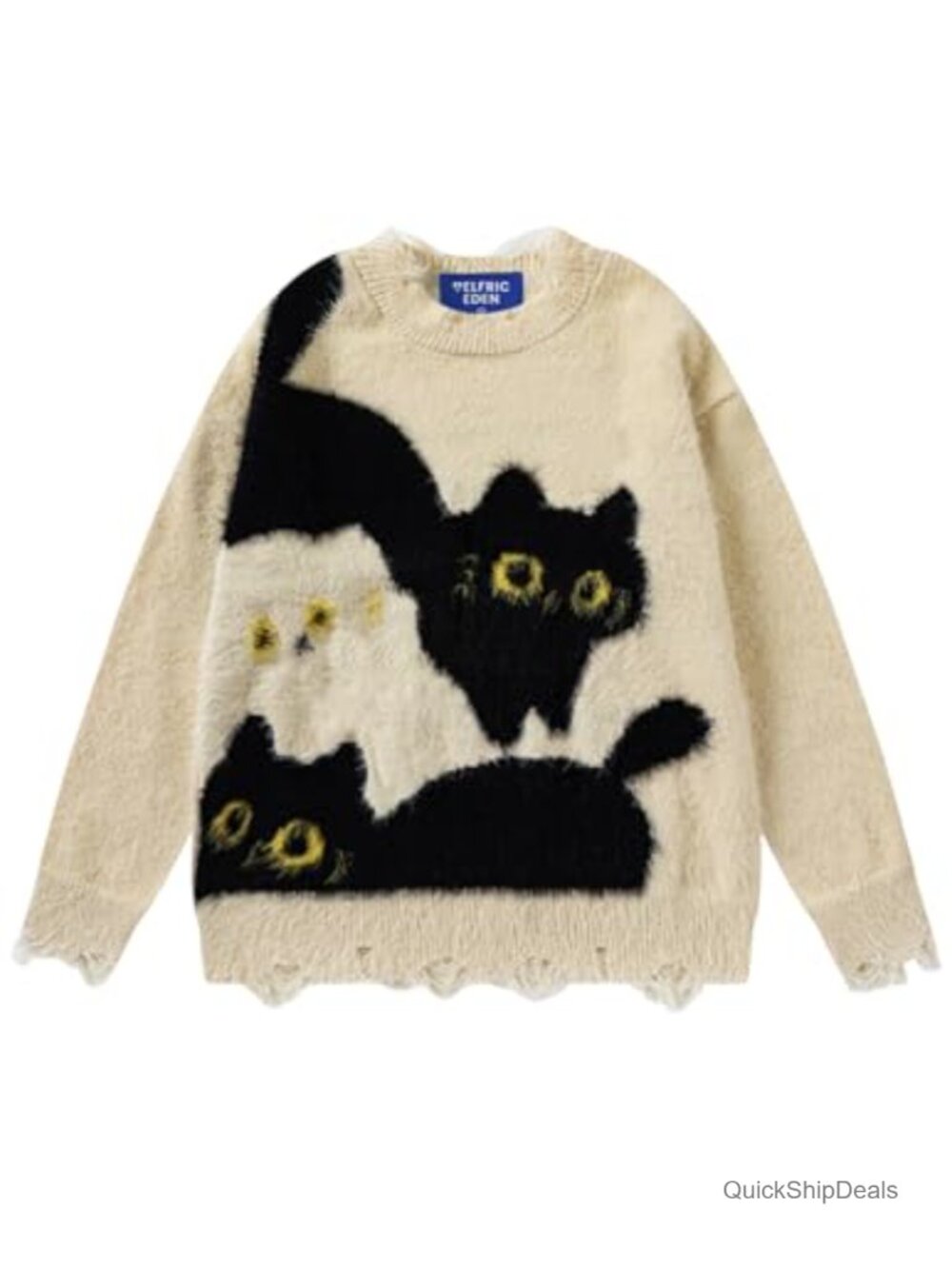 Cat Graphic Knit Pullover Sweater Long Sleeve Crew Neck Y2K Oversized